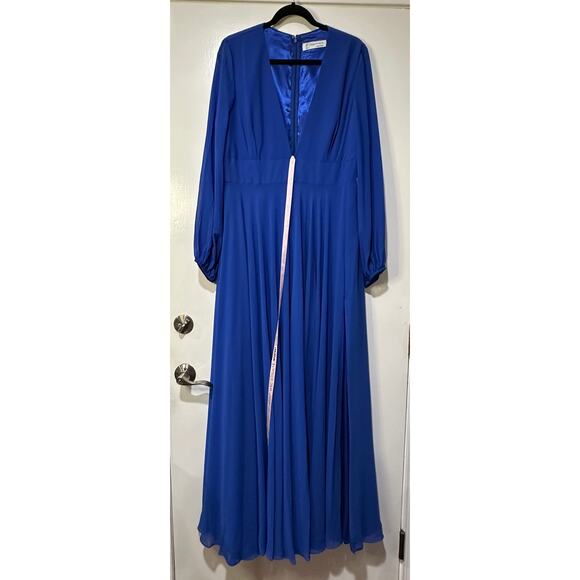 Ieena For Mac Duggal V-Neck Illusion Long Sleeve Chiffon Gown Size 14  NWOT Blue - Picture 2 of 16